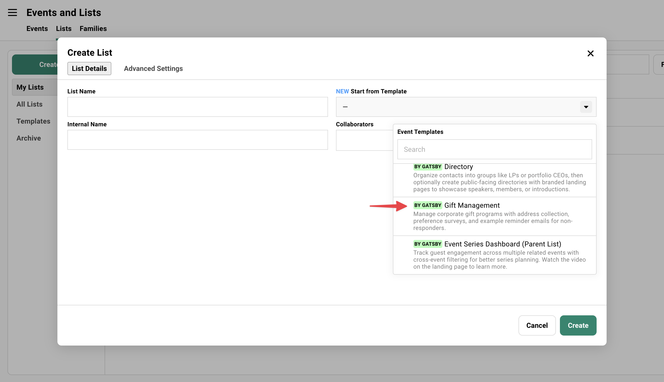Gift Management template in create list flow