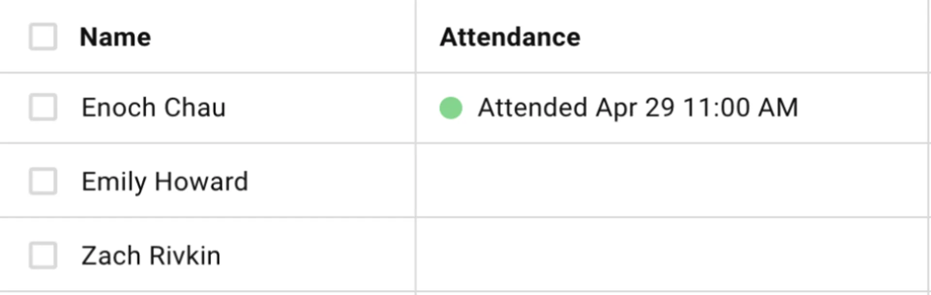 Gatsby guest list showing Attendance column with matched and unmatched results from Zoom webinar sync